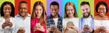 Phubbing Concept. Diverse Multiethnic Men And Women Using Smartphones Over Bright Backgrounds