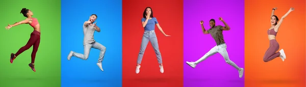 Excited young multiracial people jumping, expressing positive emotions on colorful neon studio backgrounds, panorama — Stok fotoğraf