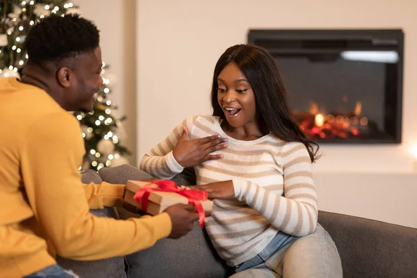 Excited African American Girlfriend Receiving Gift From Boyfriend At Home — Stock fotografie