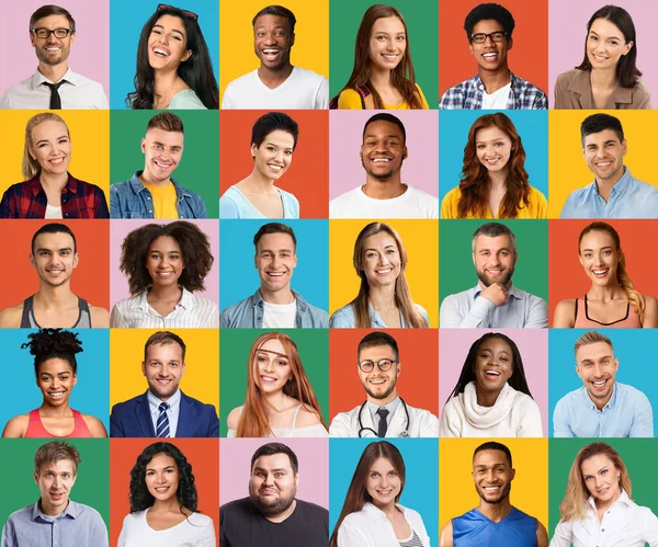 Ψηφιδωτό από χαρούμενους πολυπολιτισμικούς ανθρώπους Πορτρέτα πάνω από πολύχρωμα Backgrounds, Creative Collage — Φωτογραφία Αρχείου
