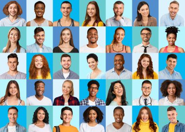 Set of different happy multicultural people portraits over blue toned backgrounds