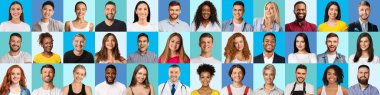 Collage with divirse multiethnic men and women portraits over blue toned backgrounds