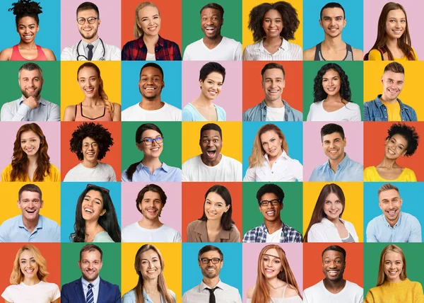 Мозаїка з щасливими різними мультикультурними людьми Портрети над барвистими підслуховуваннями, Креативний колаж — стокове фото