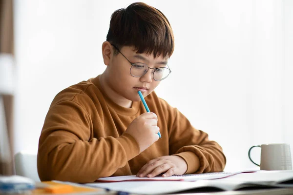 Concentrated chinese kid doing homework at home — Stockfoto