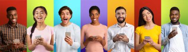 Digital Communication. Diverse millennial people using mobile phones on colorful backgrounds