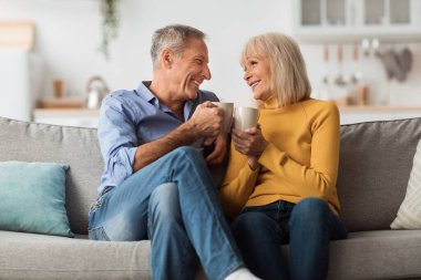 Cheerful Mature Couple Drinking Coffee Clinking Cups At Home