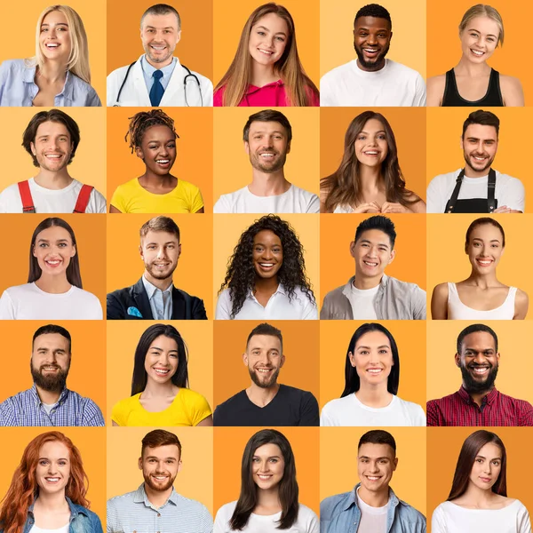 Emociones Felices. Conjunto de caras sonrientes de diversas mujeres y hombres multiétnicos — Foto de Stock