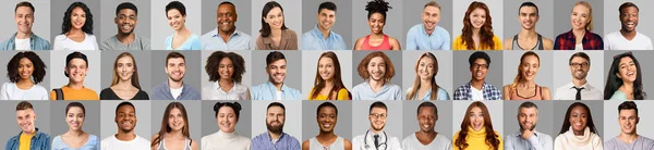 Set of diverse smiling multicultural peoples faces over gray backgrounds — Stockfoto