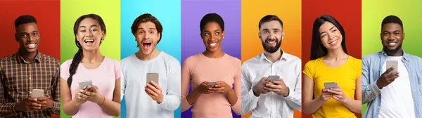 Digital Communication. Diverse millennial people using mobile phones on colorful backgrounds — Stock Fotó