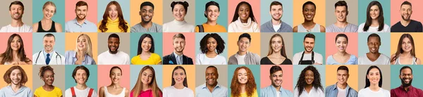 Multiple happy people of different age and ethnicity posing over colorful backgrounds — стоковое фото