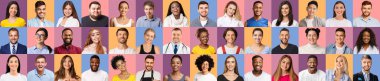 Portraits of multiracial middle-aged and millennial people cheerfully smiling