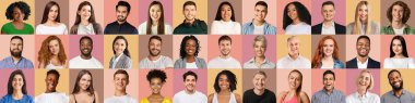 Set of happy multiracial people on colorful backgrounds