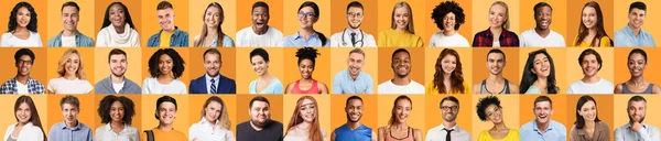Emotional Portraits Of Happy Multiethnic Young People Over Yellow Toned Backgrounds — Stok fotoğraf