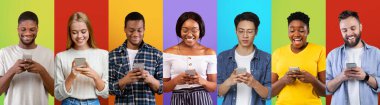 Group of diverse young people using mobile phones, standing over colorful backgrounds