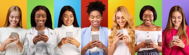 Row of cheerful diverse ladies using cellphones texting and surfing internet on colorful studio backgrounds, panorama