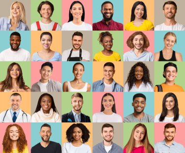 Successful Young Multicultural People Posing Over Colorful Backgrounds, Creative Collage