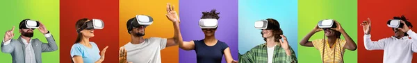 Κολάζ νεαρών πολυφυλετικών γυναικών και ανδρών σε ακουστικά VR που βιώνουν αυξημένη πραγματικότητα πάνω από πολύχρωμα υπόβαθρα — Φωτογραφία Αρχείου