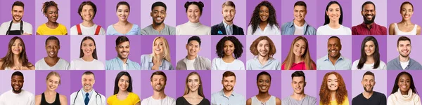 Gente positiva. Collage de diferentes caras sonrientes multiculturales de hombres y mujeres —  Fotos de Stock