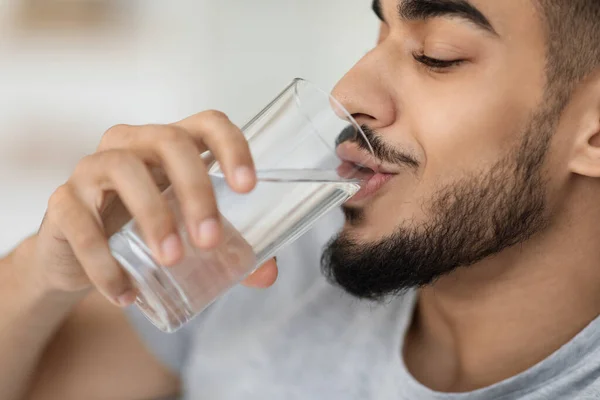 Healthy Liquid. Portrait Of Handsome Arab Man Drinking Mineral Water From Glass — Stok Foto