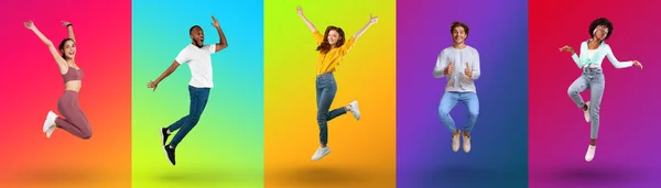 Collage with cheerful young multiracial people jumping and fooling around on neon colorful studio backgrounds, banner — Stockfoto