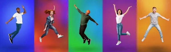 Excited diverse millennial people shouting, having fun, jumping in air over bright color neon studio backgrounds, banner — Fotografia de Stock