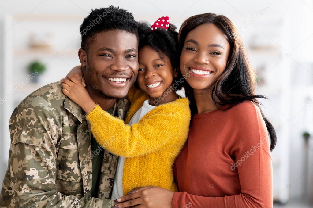 Portrait Of Happy Military Family, Black Soldier Father, Wife And Little Daughter