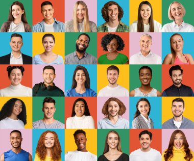 Portraits of happy male and female employees on colorful backgrounds
