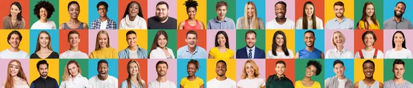 Smiling multiracial men and women posing on colorful backgrounds, panorama — Stock Photo, Image
