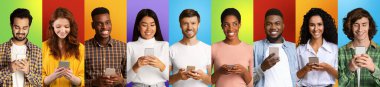 Internet addiction concept. Collage with multiethnic people using cellphones on colorful backgrounds, banner design