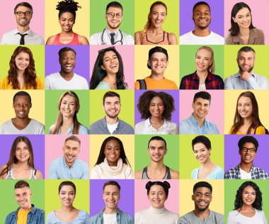 Happy Millennials. Portraits of positive multiethnic men and woman over colorful backgrounds
