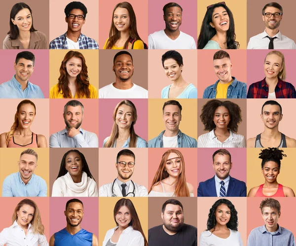 Portraits Of Happy Millennial Men And Women Posing On Pastel Color Backgrounds — Stock Photo, Image