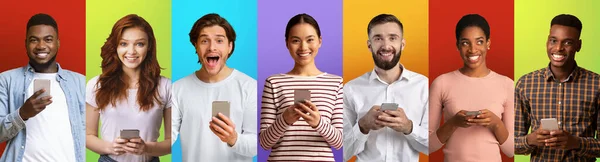 Overjoyed multiracial people using mobile phones and looking at camera, men and women posing on colored backgrounds — Stock Fotó