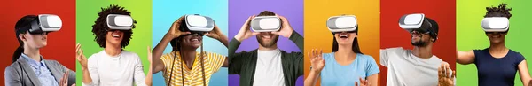 Young diverse people experiencing virtual reality wearing VR glasses over colourful backgrounds, panorama, collage — Stockfoto