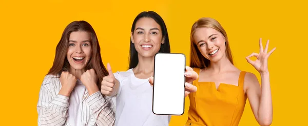 Χαρούμενη ξανθιά φιλενάδες δείχνει smartphone με άδεια οθόνη — Φωτογραφία Αρχείου
