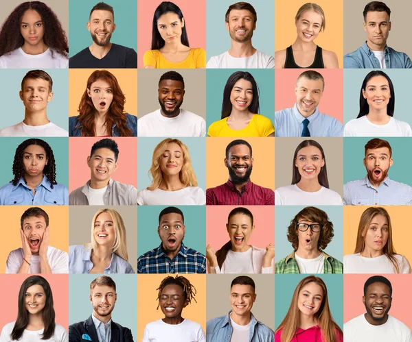 Collage of diverse people expressing different emotions, mosaic set — Stock Photo, Image