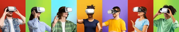 Video gaming concept. Collage of diverse people wearing VR headsets and experiencing augmented reality, panorama — Stock Photo, Image