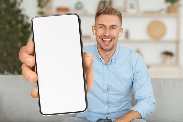 Mobile Ad. Excited Happy Man Showing Smartphone With Blank White Screen — Stok fotoğraf