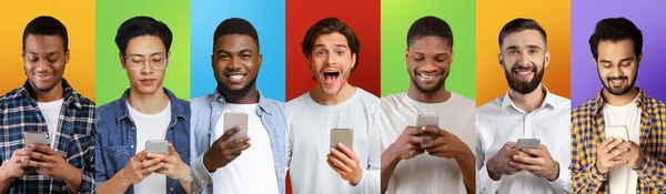 Row of multiracial men using smartphones in collage, emotional guys texting on cellphones over colorful backgrounds — Stockfoto