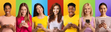 Collage of diverse ladies using smartphones texting and browsing internet over various colored backgrounds