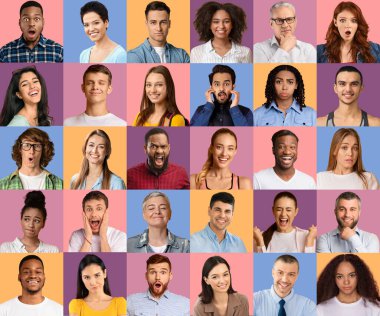 Composite collage of diverse multicultural people expressing different emotions