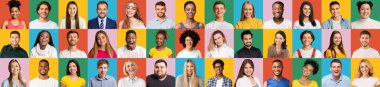 Set of positive human faces on colorful backgrounds