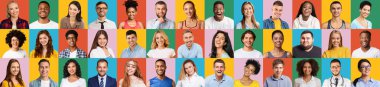 Mosaic With Smiling Faces Of Joyful Men And Women Over Colorful Backgrounds