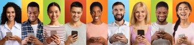 Set Of Diverse People With Smartphones Posing Over Colorful Backgrounds