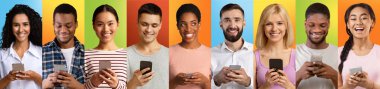 Set Of Diverse People With Smartphones Posing Over Colorful Backgrounds