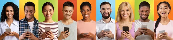 Набір різноманітних людей зі смартфонами позують на барвистих фонах — стокове фото