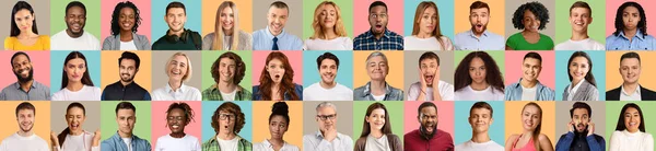 Collage of diverse people expressing different emotions, mosaic set, panorama — Foto Stock