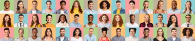 Happy People Faces. Creative Photo Collage With Cheerful Multicultural Men And Women