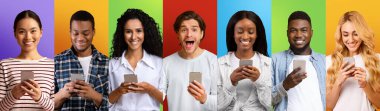 Emotional diverse millennial people using mobile phones, young men and women reading about cool news, creative collage