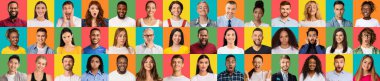 Collage of multiethnic people expressing different emotions, mosaic set, panorama