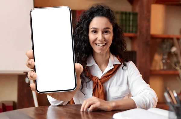 Online Education. Cheerful Young Female Tutor Demonstrating Big Blank Smartphone At Camera — 스톡 사진